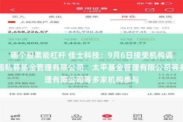 哪个股票能杠杆 佳士科技：9月6日接受机构调研，广东正圆私募基金管理有限公司、太平基金管理有限公司等多家机构参与